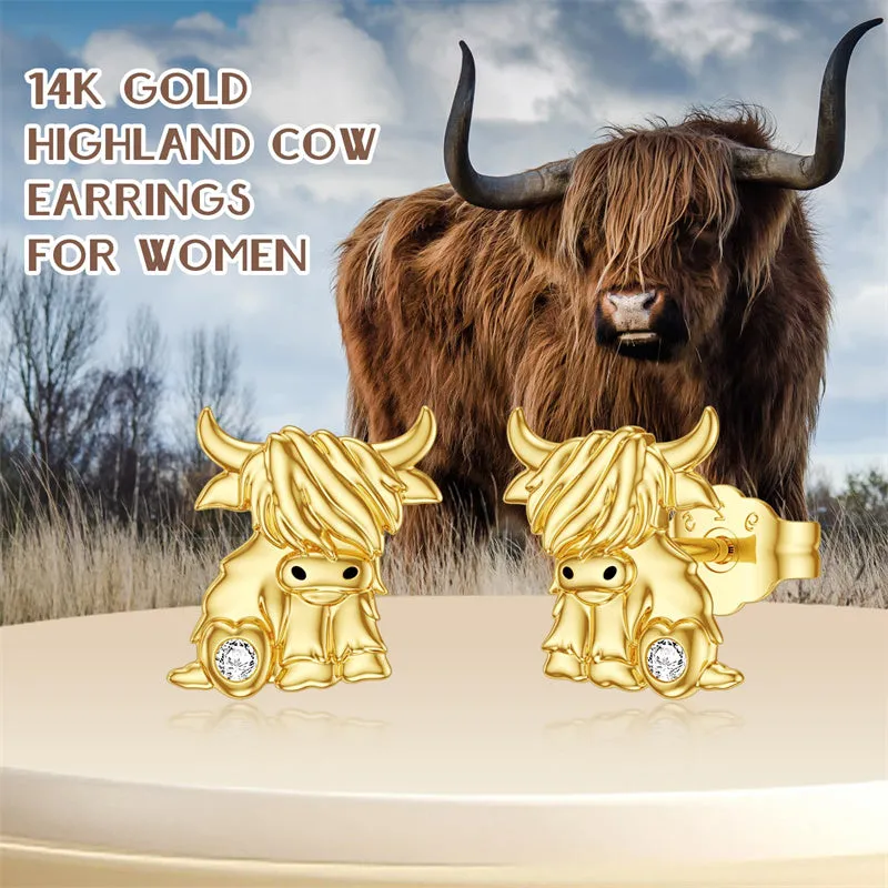 14K Real Gold Highland Cow Earrings for Women Yellow Gold Heart Cattle Stud Earrings Jewelry Anniversary Birthday Gifts for Her