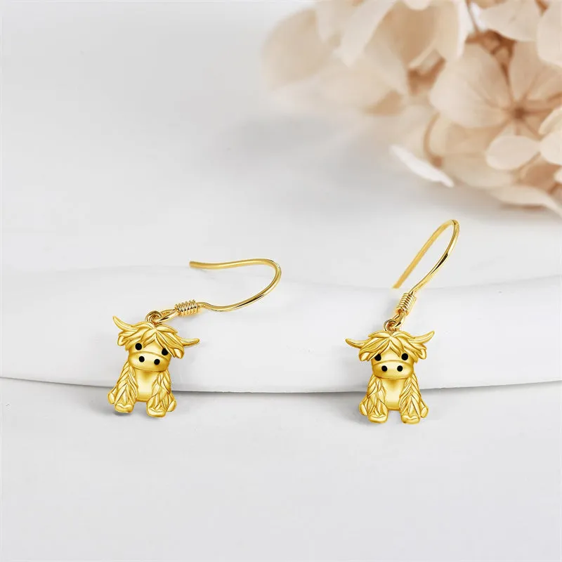 14K Real Gold Highland Cow Earrings for Women Yellow Gold Heart Cattle Stud Earrings Jewelry Anniversary Birthday Gifts for Her