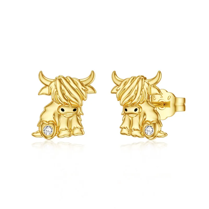 14K Real Gold Highland Cow Earrings for Women Yellow Gold Heart Cattle Stud Earrings Jewelry Anniversary Birthday Gifts for Her