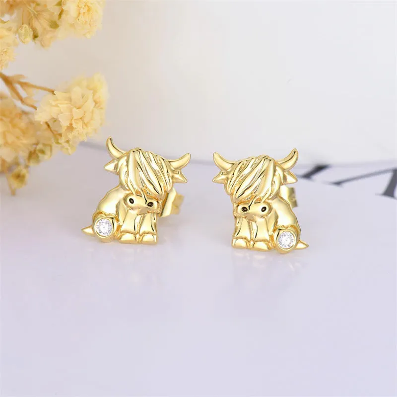 14K Real Gold Highland Cow Earrings for Women Yellow Gold Heart Cattle Stud Earrings Jewelry Anniversary Birthday Gifts for Her