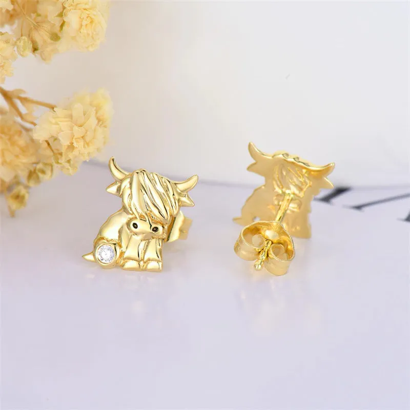 14K Real Gold Highland Cow Earrings for Women Yellow Gold Heart Cattle Stud Earrings Jewelry Anniversary Birthday Gifts for Her