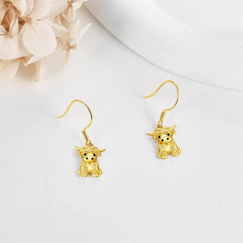 14K Real Gold Highland Cow Earrings for Women Yellow Gold Heart Cattle Stud Earrings Jewelry Anniversary Birthday Gifts for Her