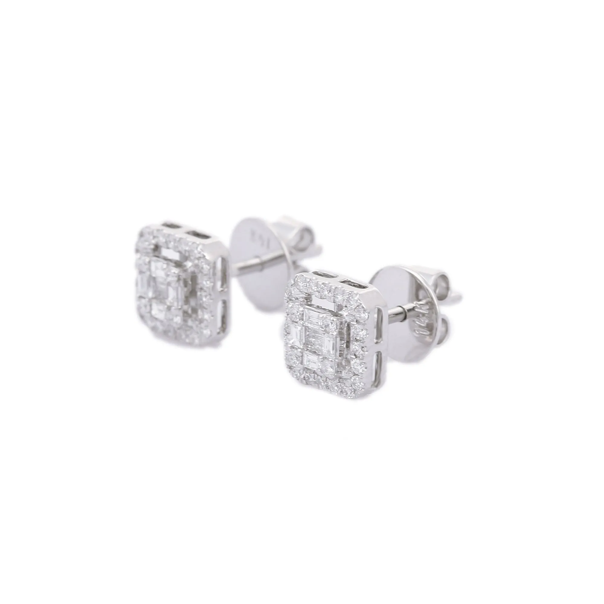 14K Solid White Gold Cluster Square Diamond Studs