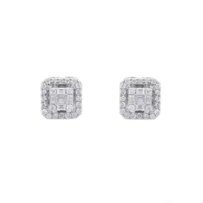 14K Solid White Gold Cluster Square Diamond Studs