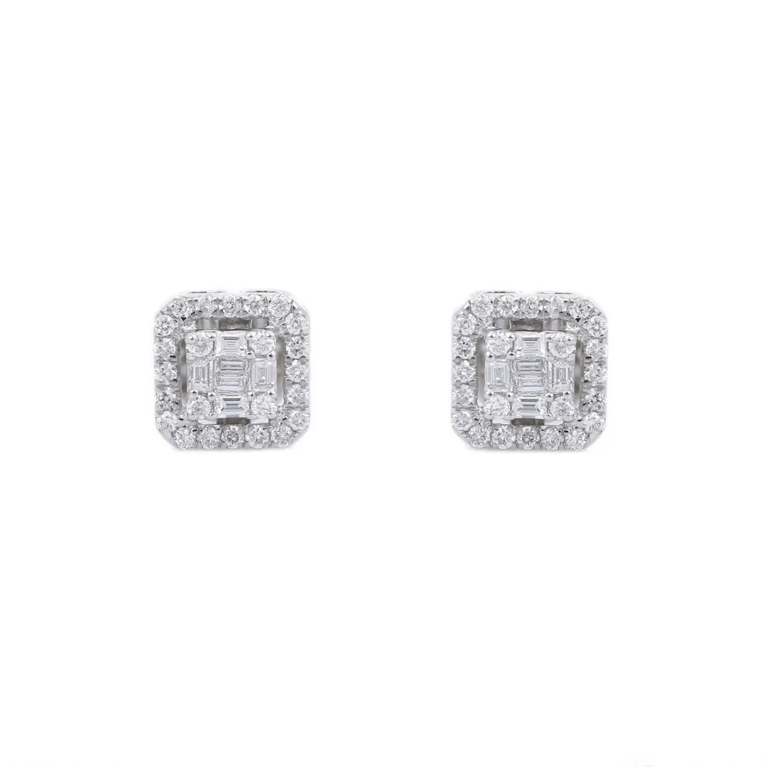 14K Solid White Gold Cluster Square Diamond Studs