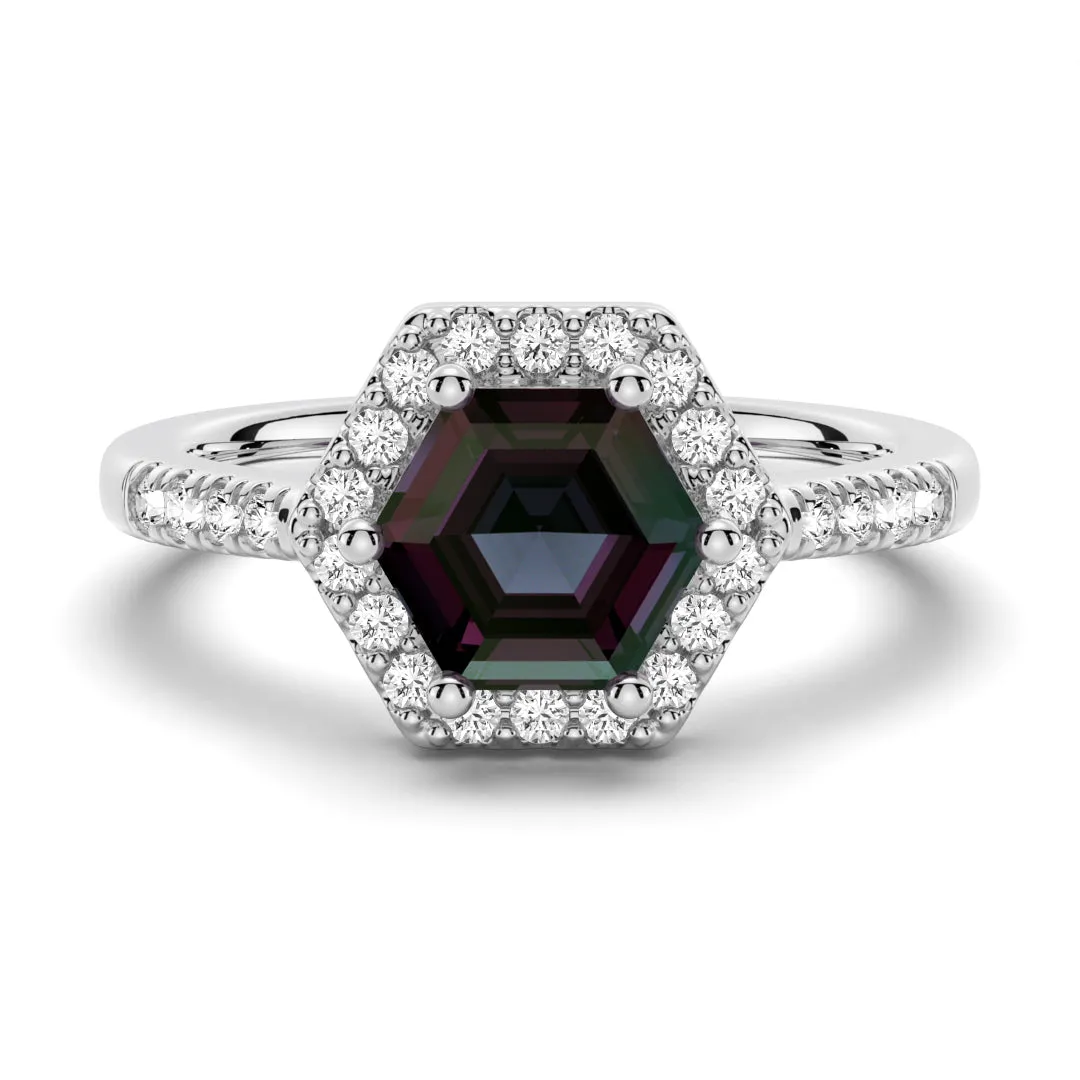 1.5 CT. Hexagon Cut Alexandrite Engagement Ring With Moissanite Halo Pavé