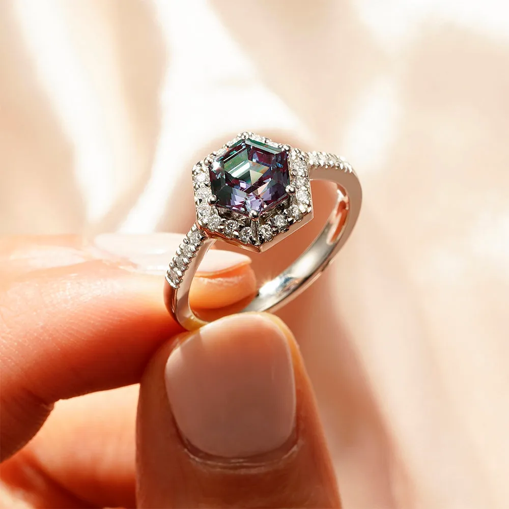 1.5 CT. Hexagon Cut Alexandrite Engagement Ring With Moissanite Halo Pavé