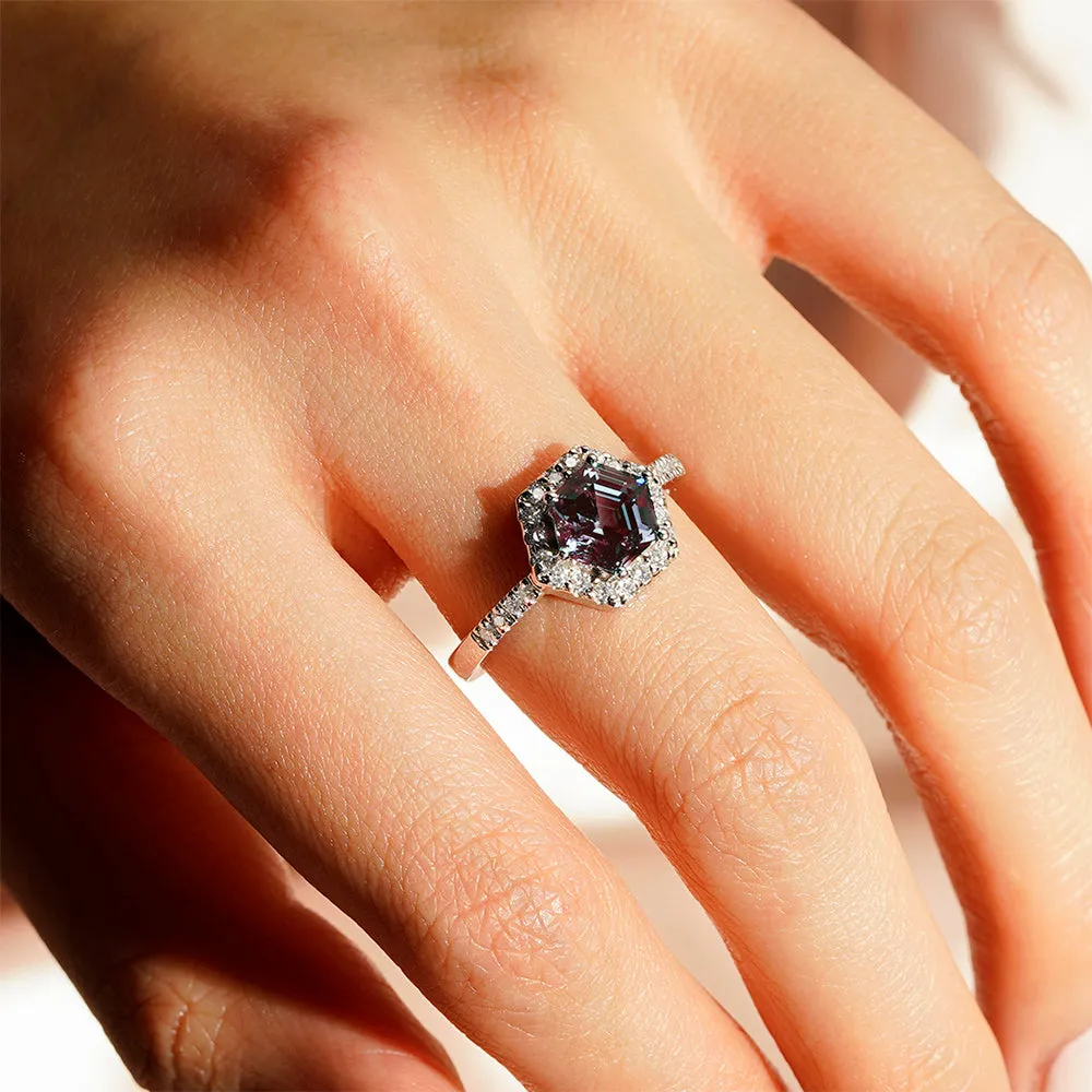 1.5 CT. Hexagon Cut Alexandrite Engagement Ring With Moissanite Halo Pavé