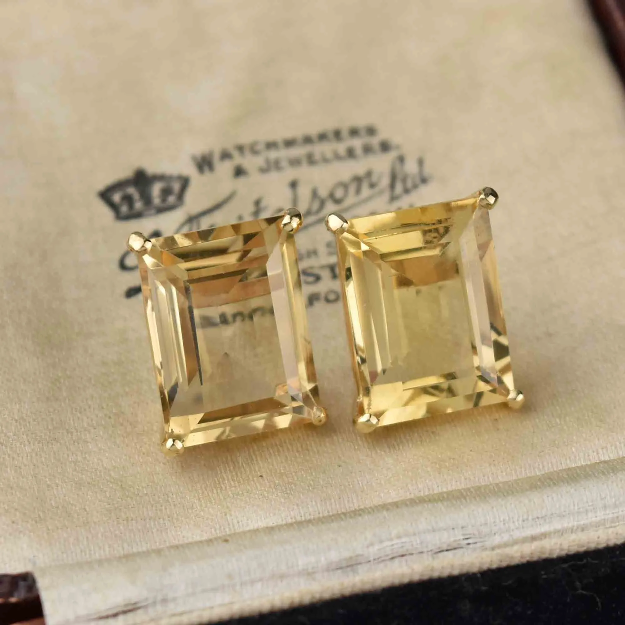 18CTW 14K Gold Emerald Step Cut Citrine Stud Earrings