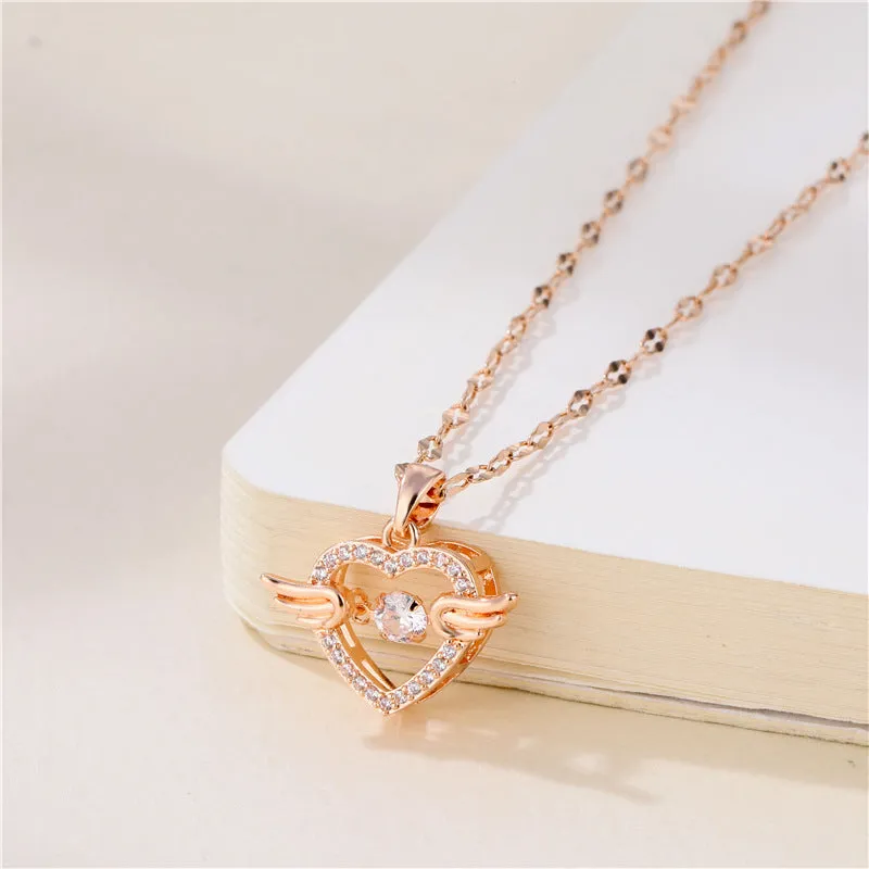 18K Rose Gold Sweet Beating Heart Series Wings Pendant Necklace