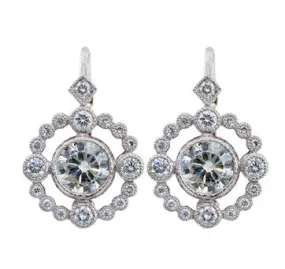 18K White Gold Round Vintage Style Diamond Drop Earrings