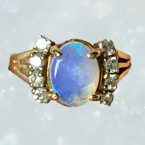 1940s Opal and Diamond Engagement Ring set in 14K Yellow Gold. October Birthstone.