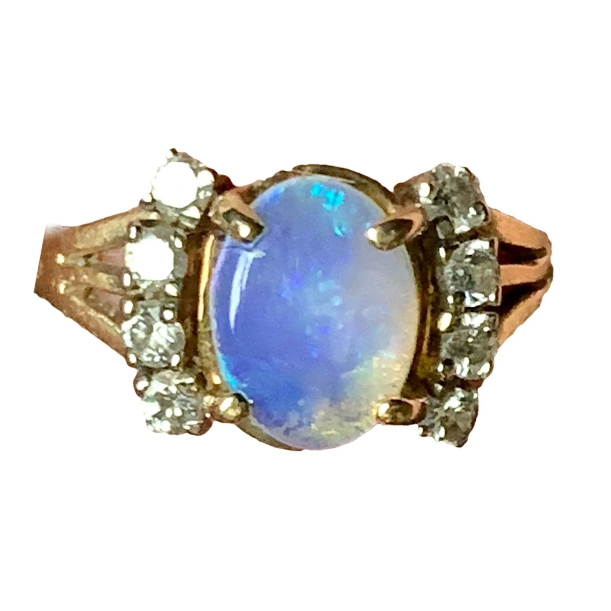 1940s Opal and Diamond Engagement Ring set in 14K Yellow Gold. October Birthstone.