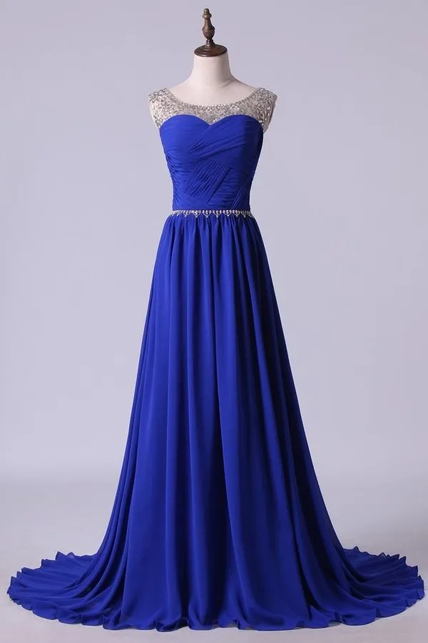 2024 Scoop Prom Dresses A Line Pleated Bodice Chiffon With Beads Dark Royal P5HQ9PMX