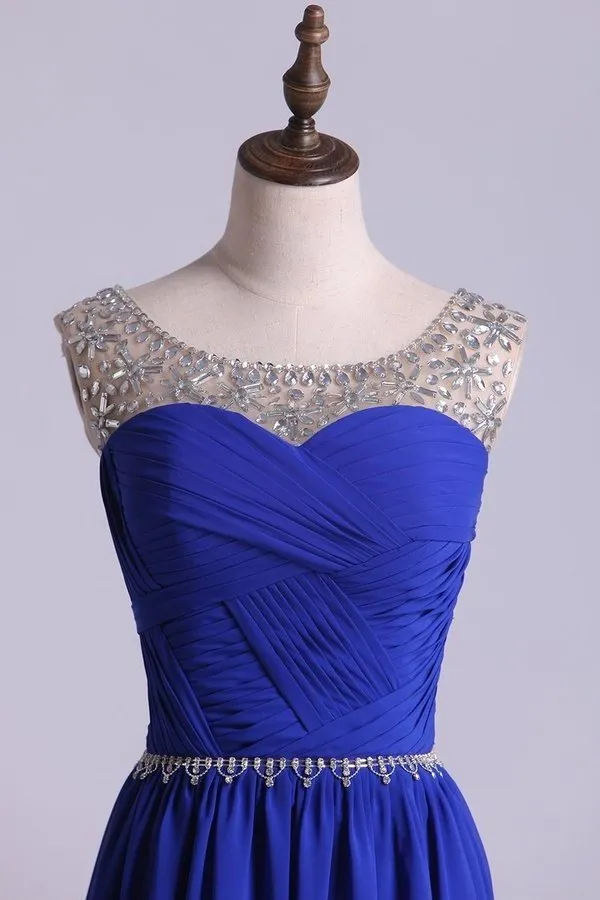 2024 Scoop Prom Dresses A Line Pleated Bodice Chiffon With Beads Dark Royal P5HQ9PMX