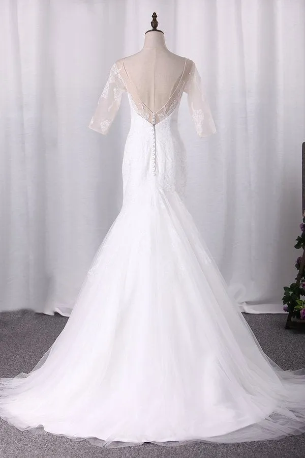 2024 Sexy Mermaid Wedding Dresses Scoop Half Sleeves Tulle With PZQLCMGD