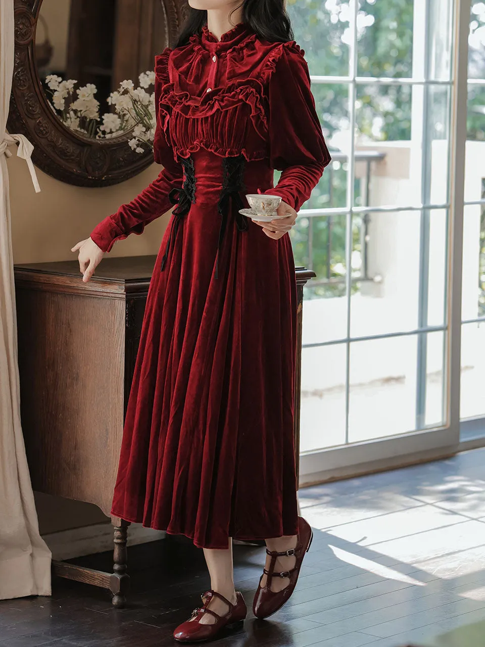 2PS Wine Red Ruffles Velvet Shirt and Strap Dress Suit