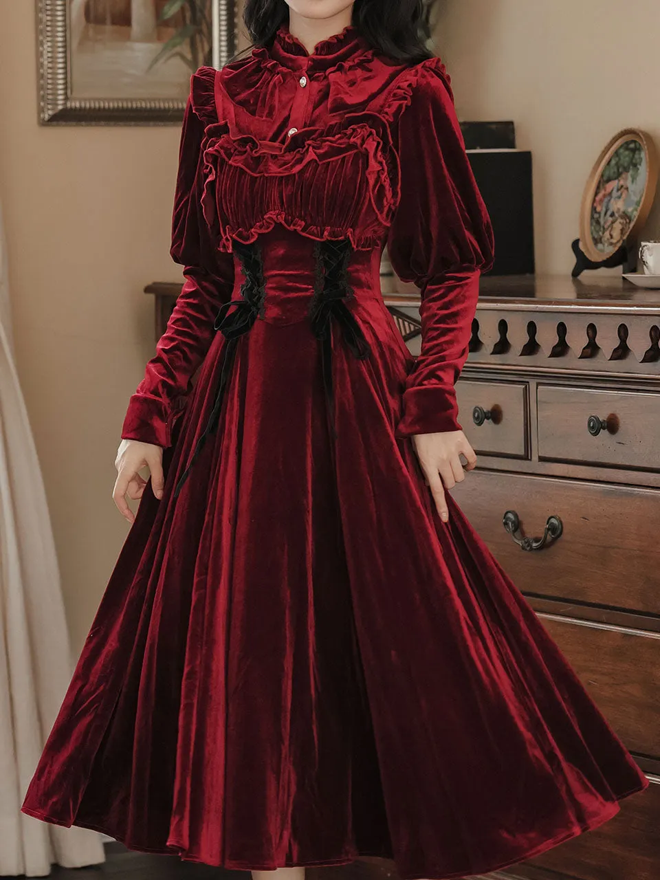 2PS Wine Red Ruffles Velvet Shirt and Strap Dress Suit