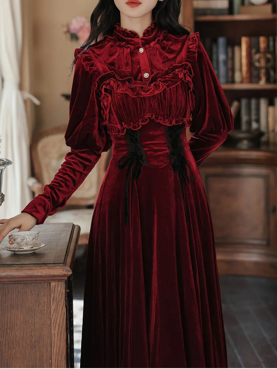 2PS Wine Red Ruffles Velvet Shirt and Strap Dress Suit