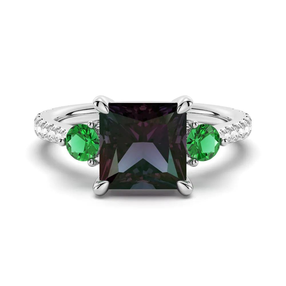 3 CT. Princess Cut Alexandrite Engagement Ring With Emerald Side Stones