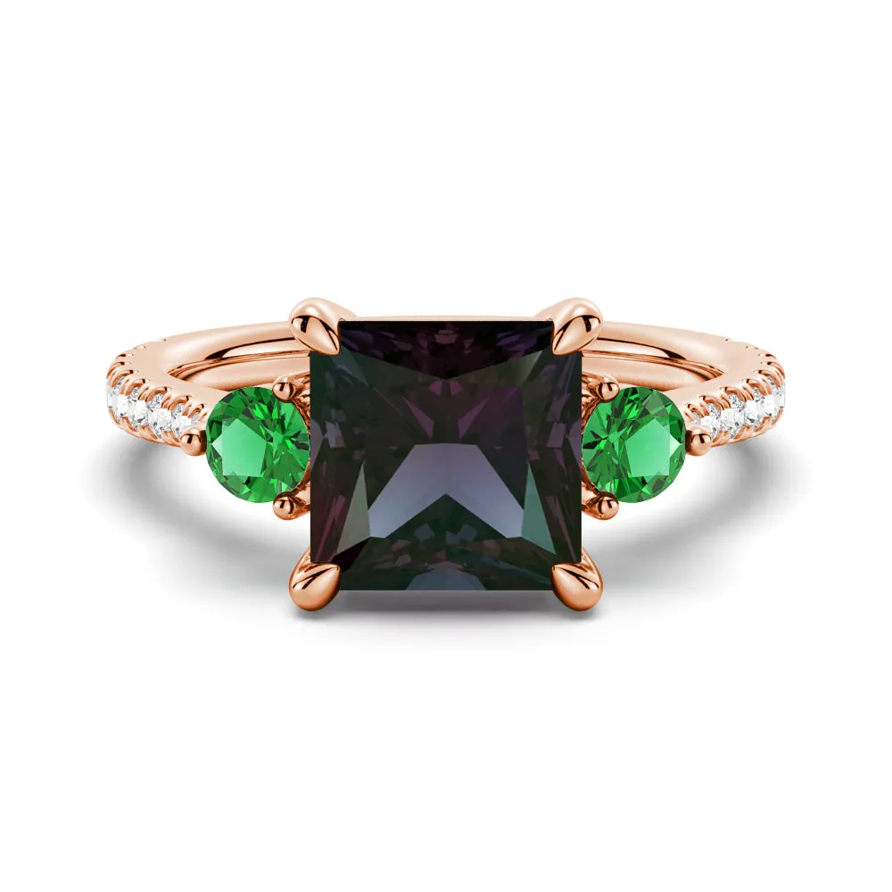 3 CT. Princess Cut Alexandrite Engagement Ring With Emerald Side Stones