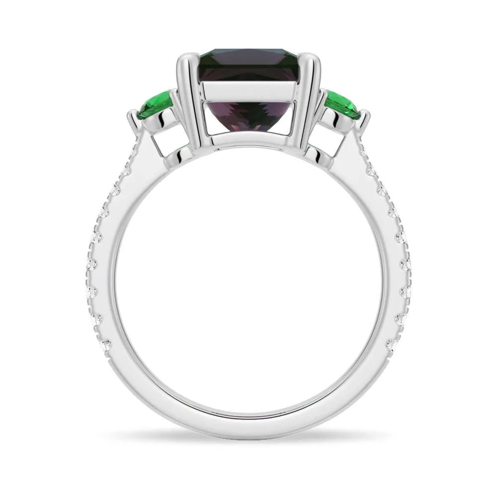 3 CT. Princess Cut Alexandrite Engagement Ring With Emerald Side Stones