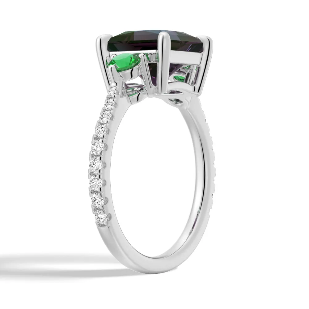 3 CT. Princess Cut Alexandrite Engagement Ring With Emerald Side Stones