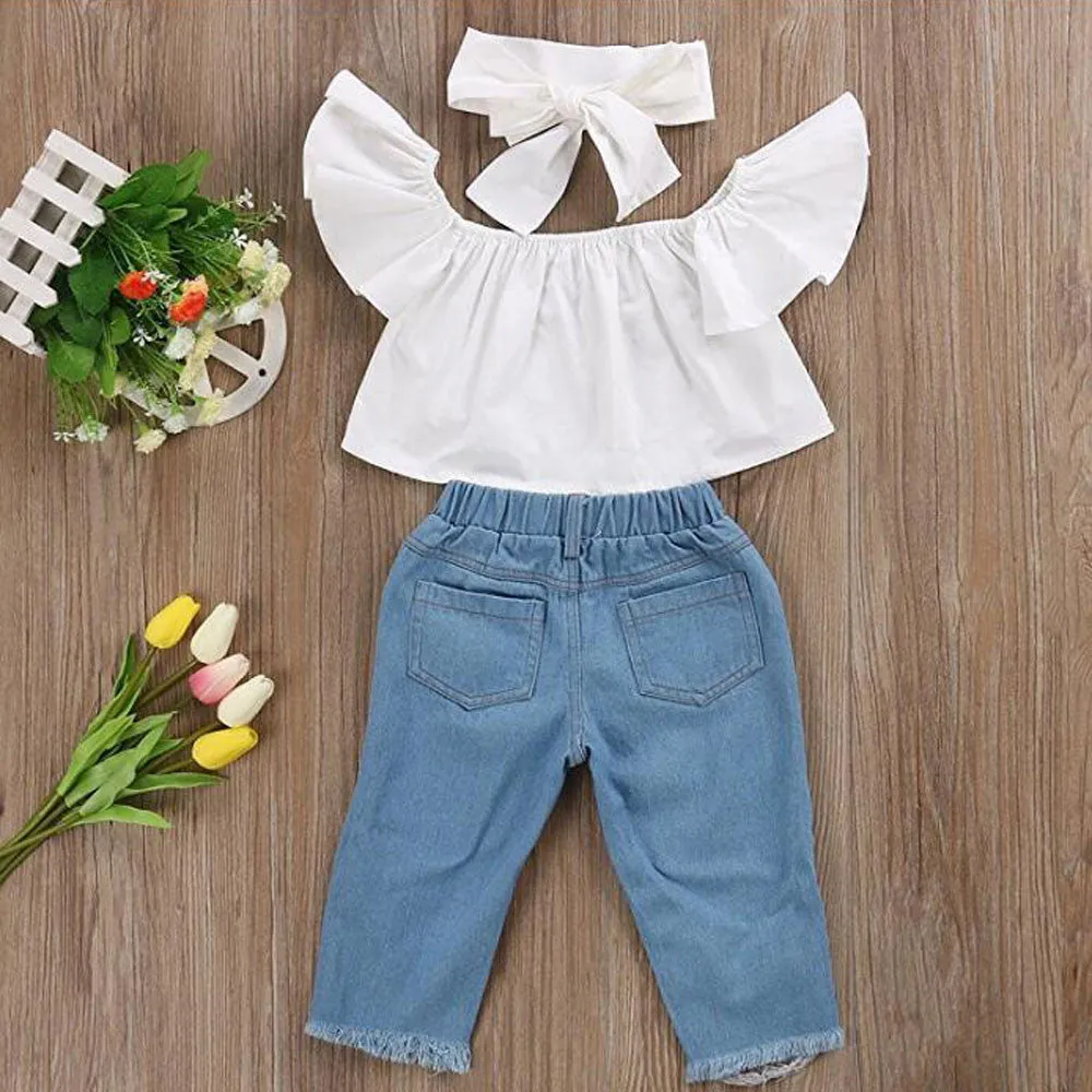 3 Piece Toddler Girl's Off the Shoulder Wide Sleeve White Shirt and Frayed Jeans Set