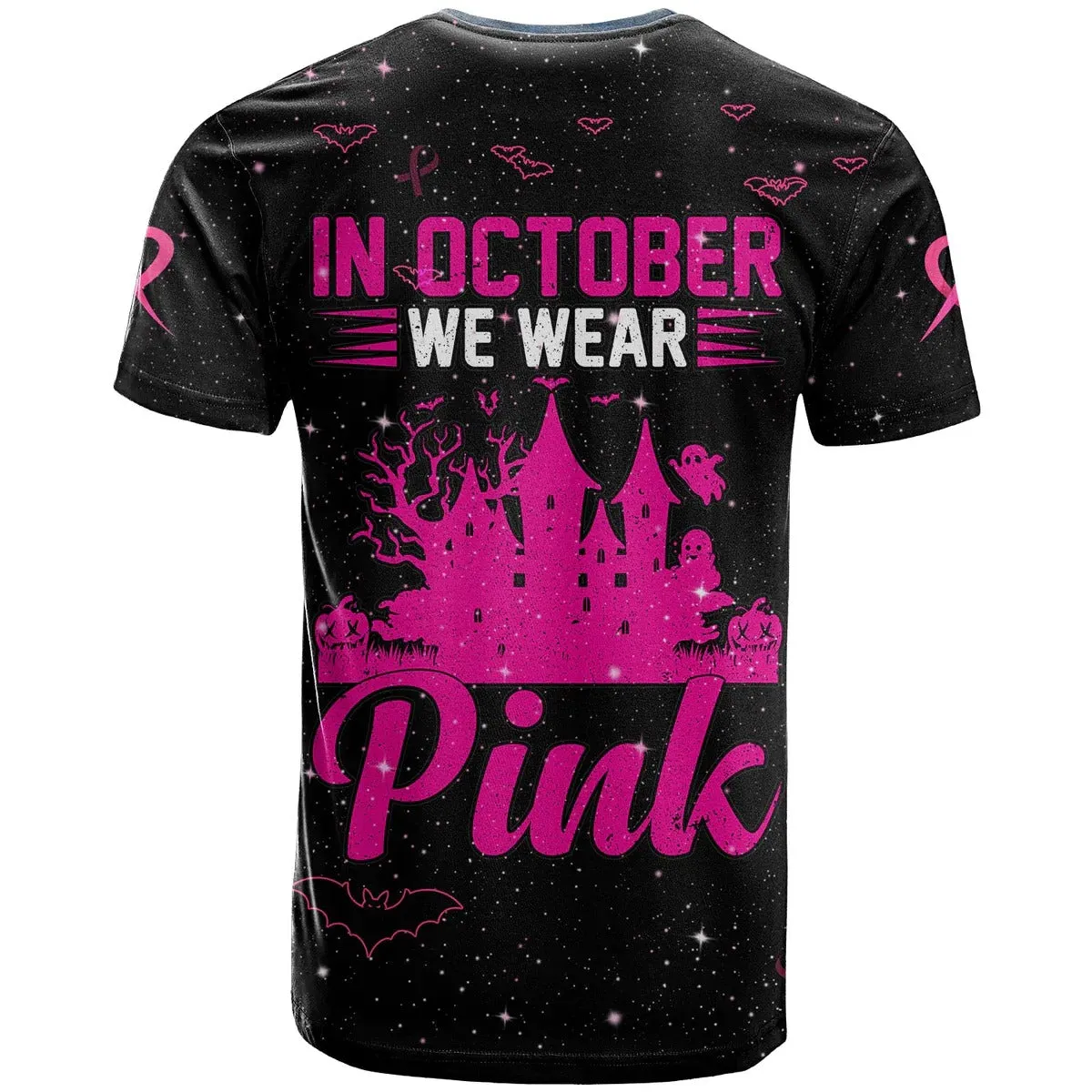 3D All Over Print Breast Cancer T Shirt In October We Wear PINK Halloween Castle Black