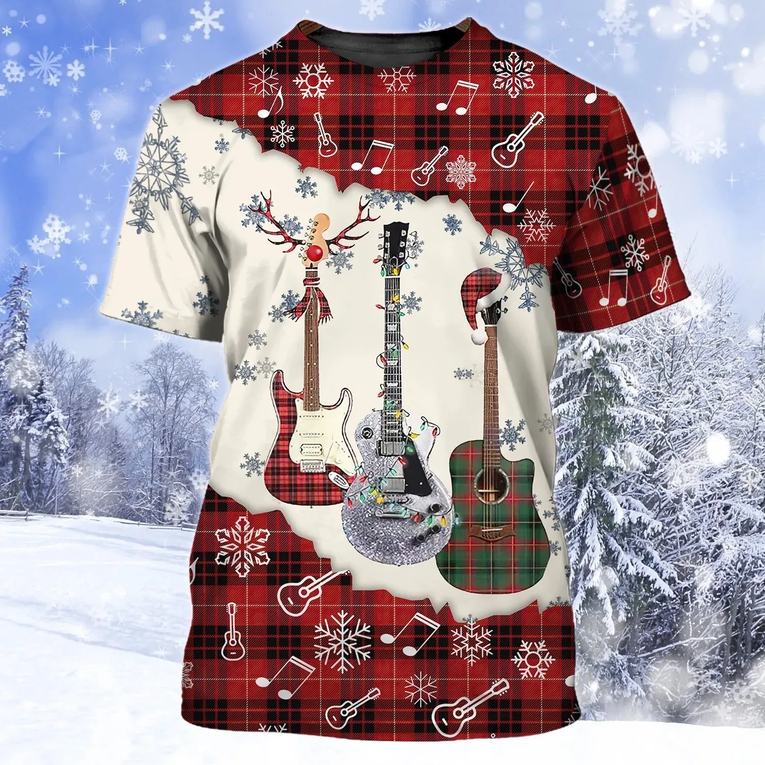 3D All Over Print Guitar Snow Hoodie Men Women, Guitar Hawaiian Shirt Shirt Sleeve, Christmas Gift For Guitarist