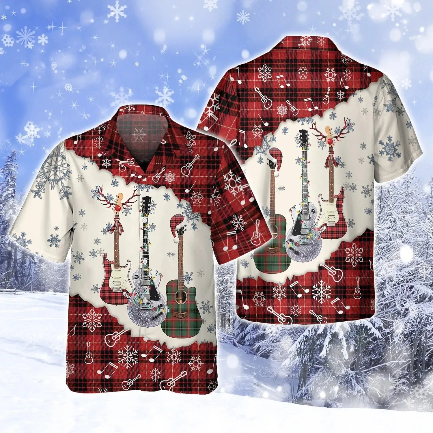 3D All Over Print Guitar Snow Hoodie Men Women, Guitar Hawaiian Shirt Shirt Sleeve, Christmas Gift For Guitarist