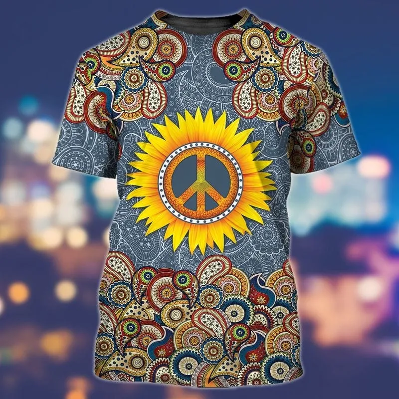 3D All Over Print Peace Hippie Shirts, Sunflower Hippie Peace Tshirt, Hipster Shirts, Vintage Hippie Shirt