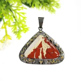 925 Sterling Silver & Gold Plated PENDANT : 11.590gms Natural Untreated RED JASPER Gemstone Cabochon Prong Set Pendant 1.75"