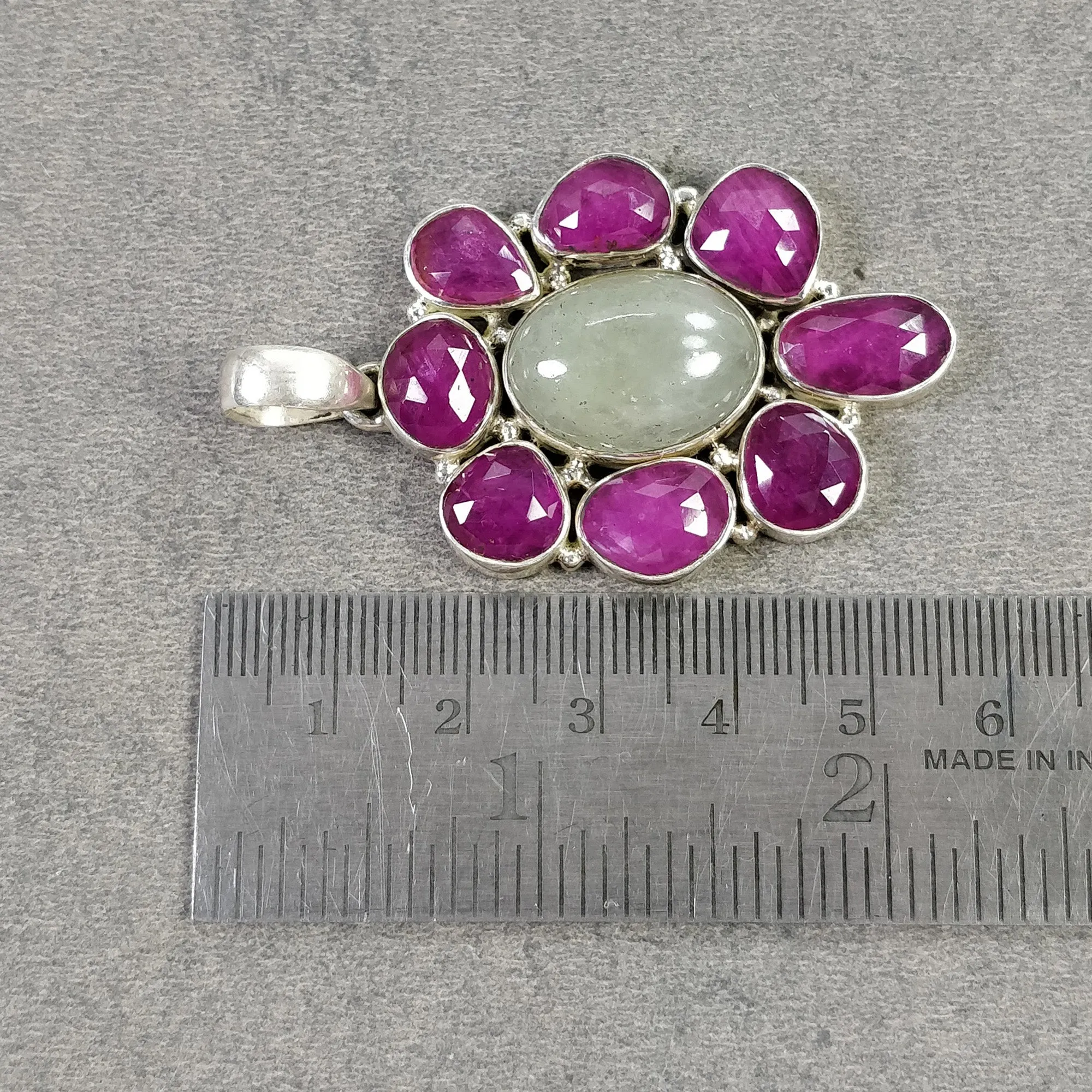 925 Sterling Silver PENDANT : Natural Aquamarine & Glass Filled RED RUBY Gemstones Cabochon And Faceted Bezel Set Pendant 2.25"