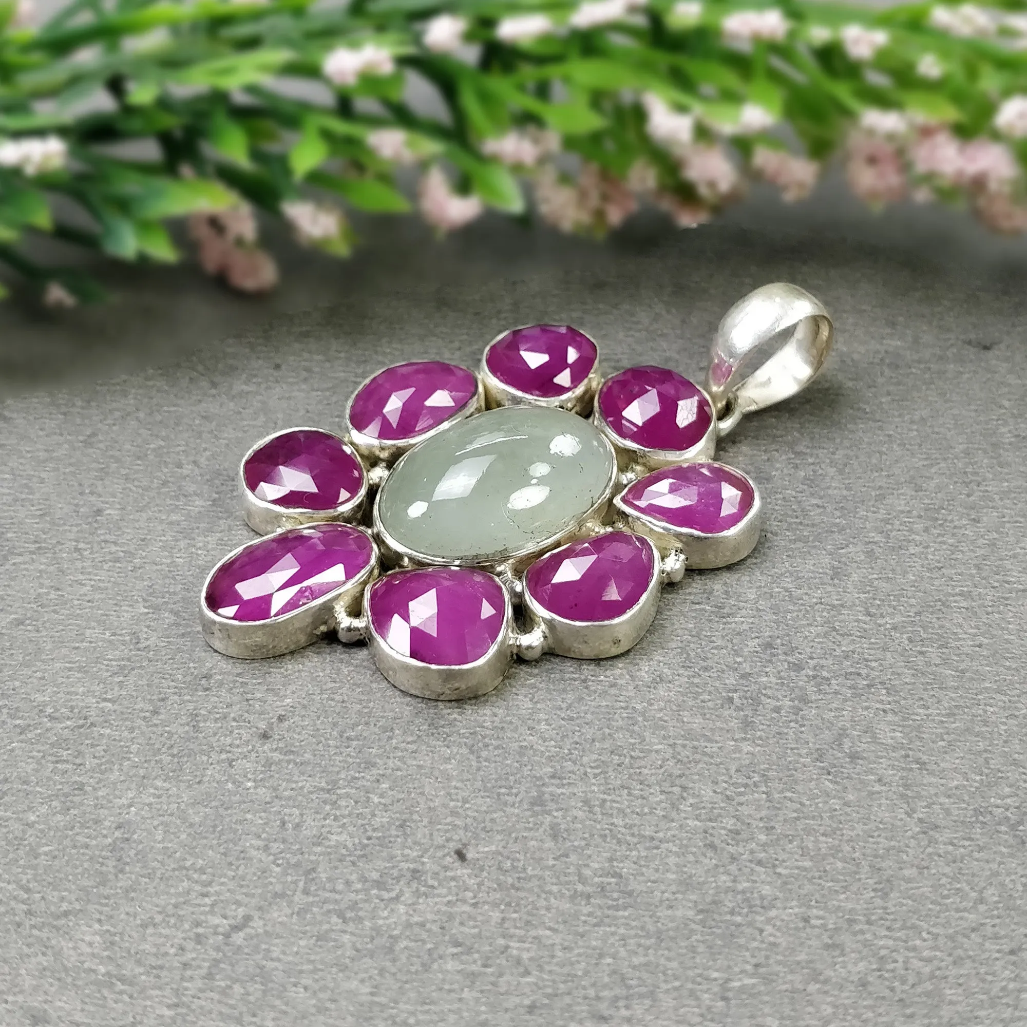 925 Sterling Silver PENDANT : Natural Aquamarine & Glass Filled RED RUBY Gemstones Cabochon And Faceted Bezel Set Pendant 2.25"