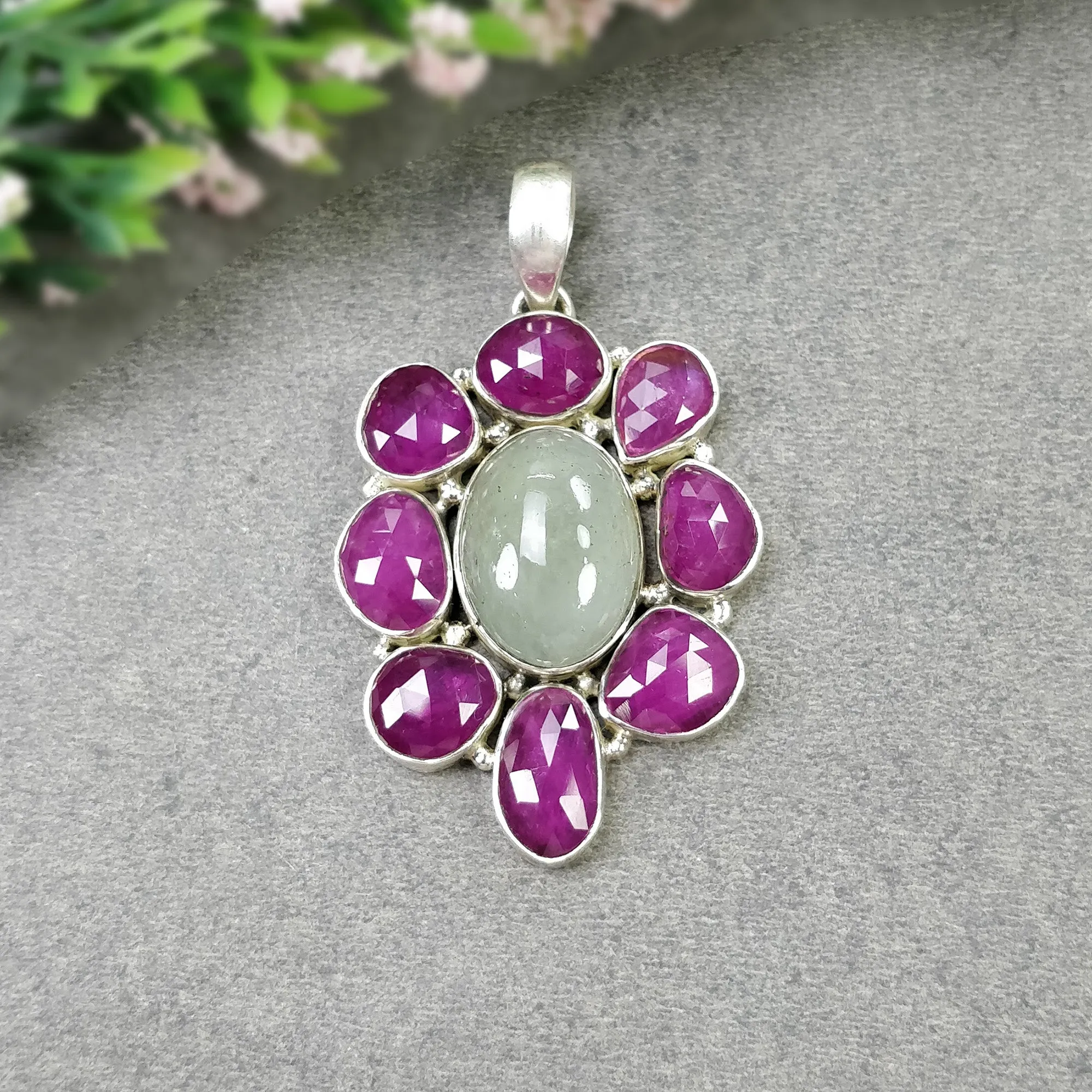 925 Sterling Silver PENDANT : Natural Aquamarine & Glass Filled RED RUBY Gemstones Cabochon And Faceted Bezel Set Pendant 2.25"