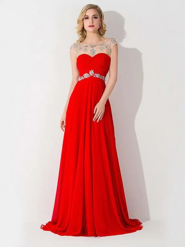 A-line Sleeveless Bateau Chiffon Ruched Sweep Train Dresses-317519