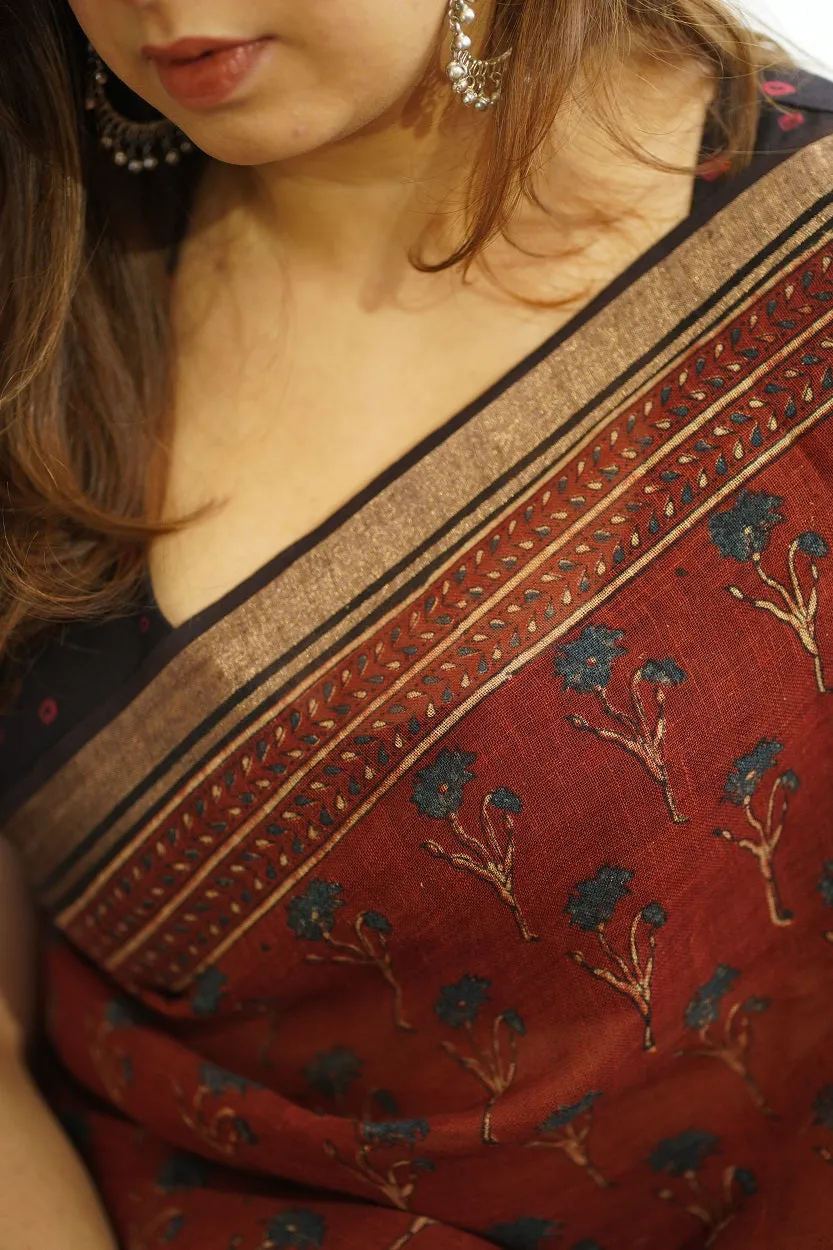 Ajrakh Hand Block Printed Linen Saree