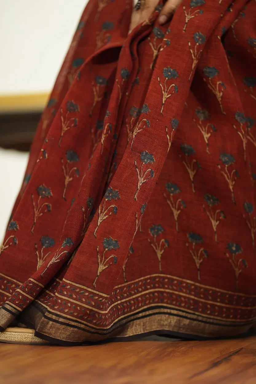 Ajrakh Hand Block Printed Linen Saree