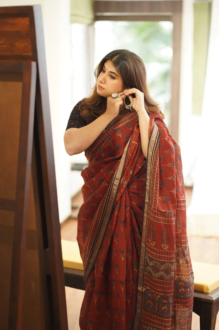 Ajrakh Hand Block Printed Linen Saree