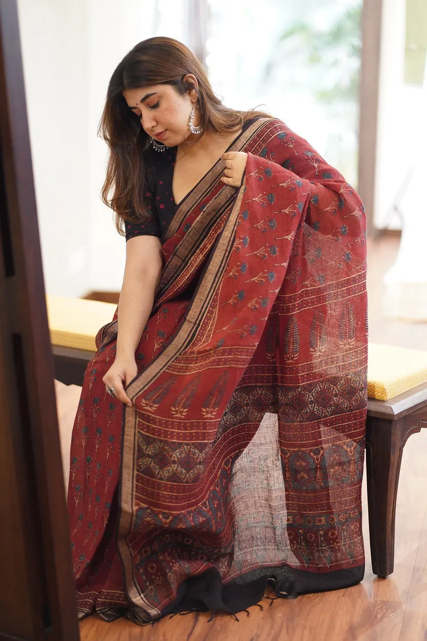 Ajrakh Hand Block Printed Linen Saree