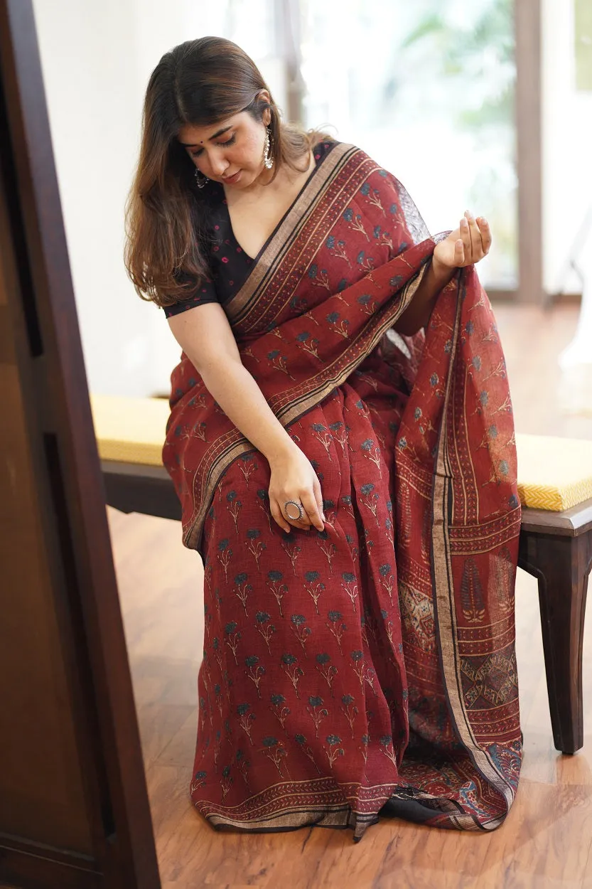 Ajrakh Hand Block Printed Linen Saree