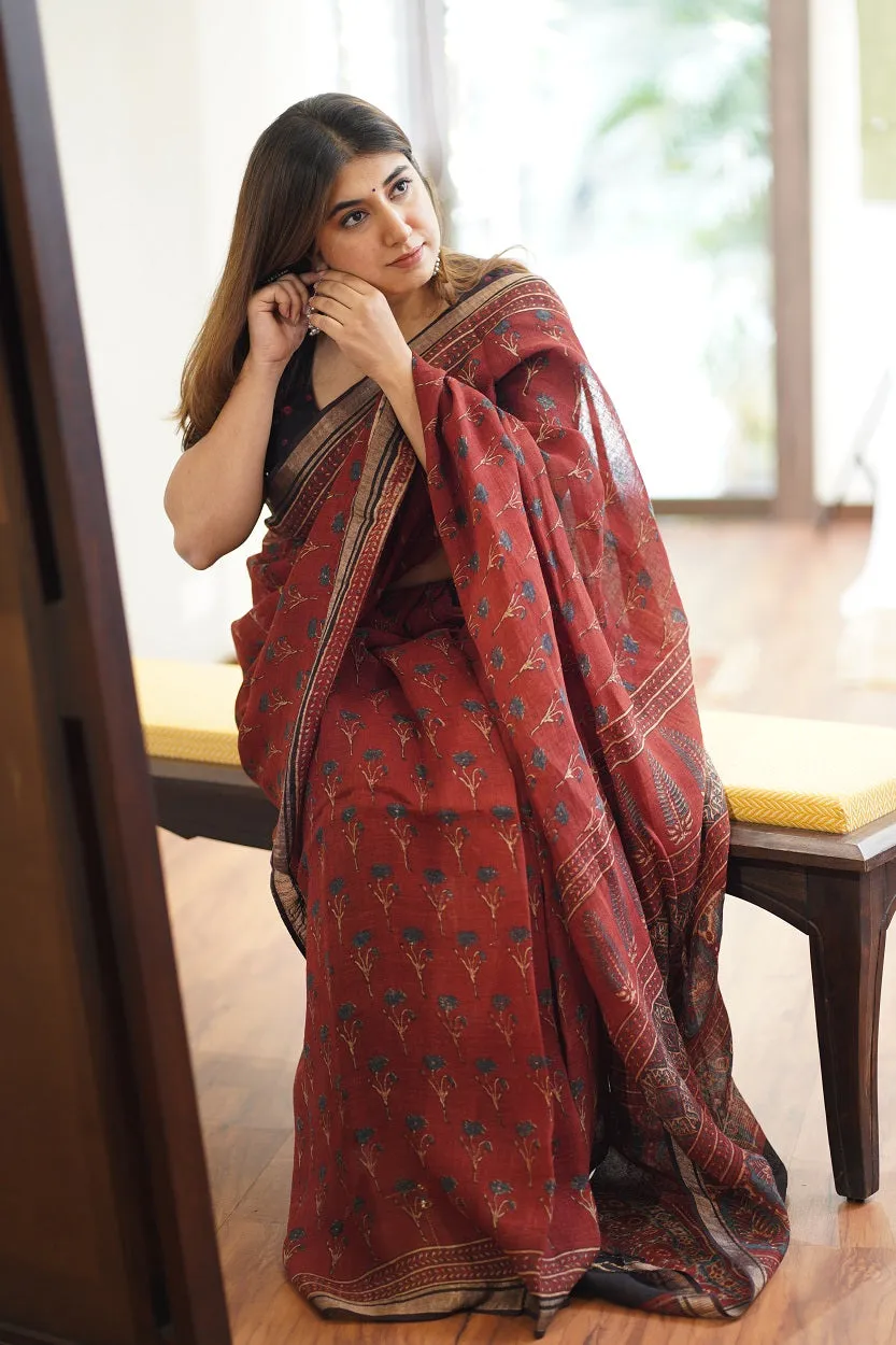 Ajrakh Hand Block Printed Linen Saree