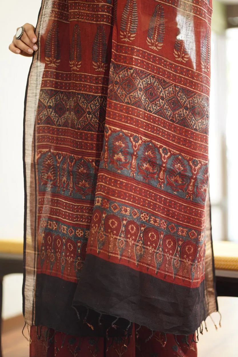 Ajrakh Hand Block Printed Linen Saree