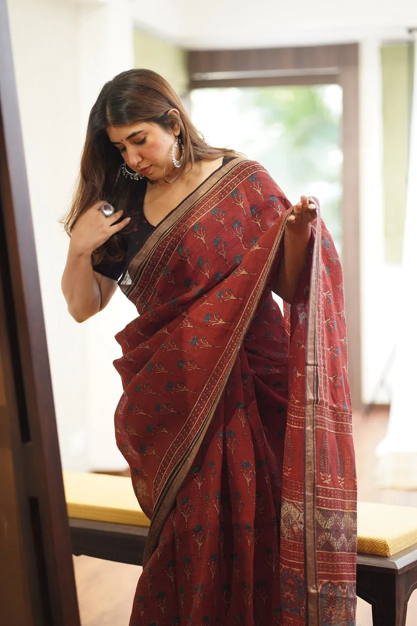 Ajrakh Hand Block Printed Linen Saree