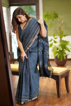 Ajrakh Hand Block Printed Linen Saree