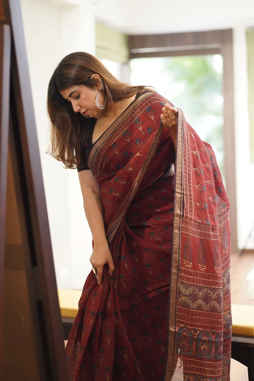 Ajrakh Hand Block Printed Linen Saree