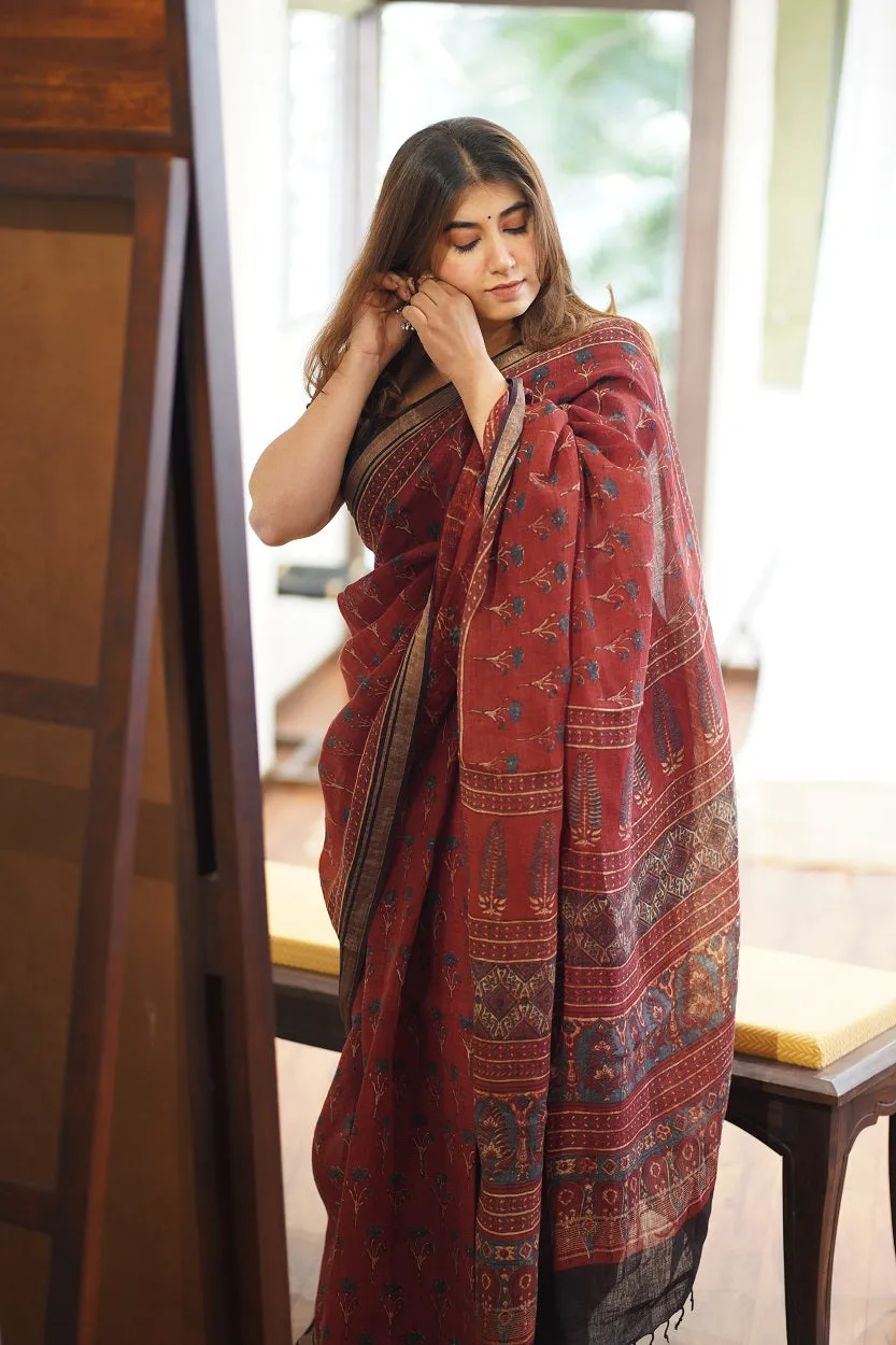 Ajrakh Hand Block Printed Linen Saree