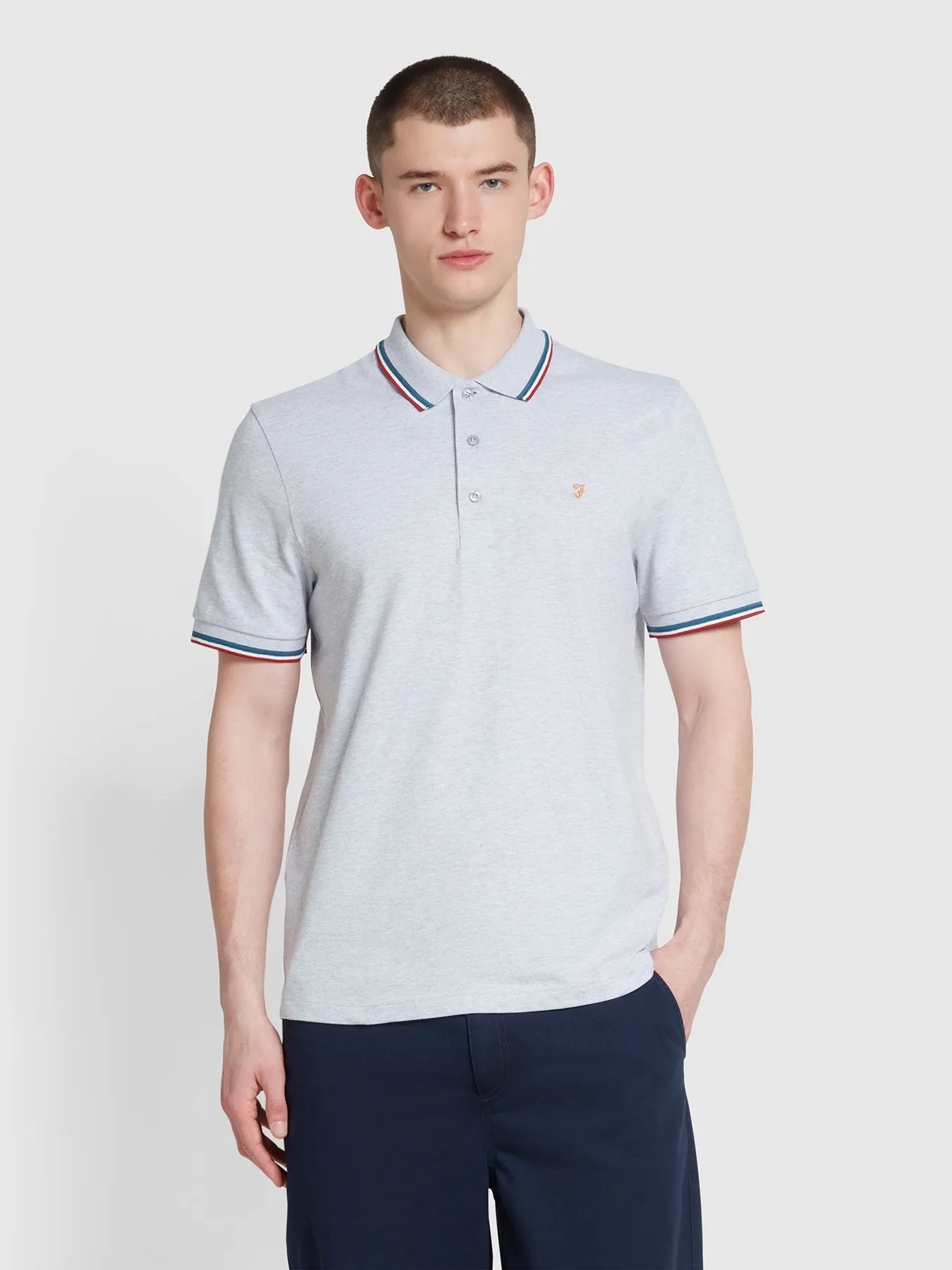 Alvin Cotton Tipped Collar Polo Shirt In Light Grey Marl