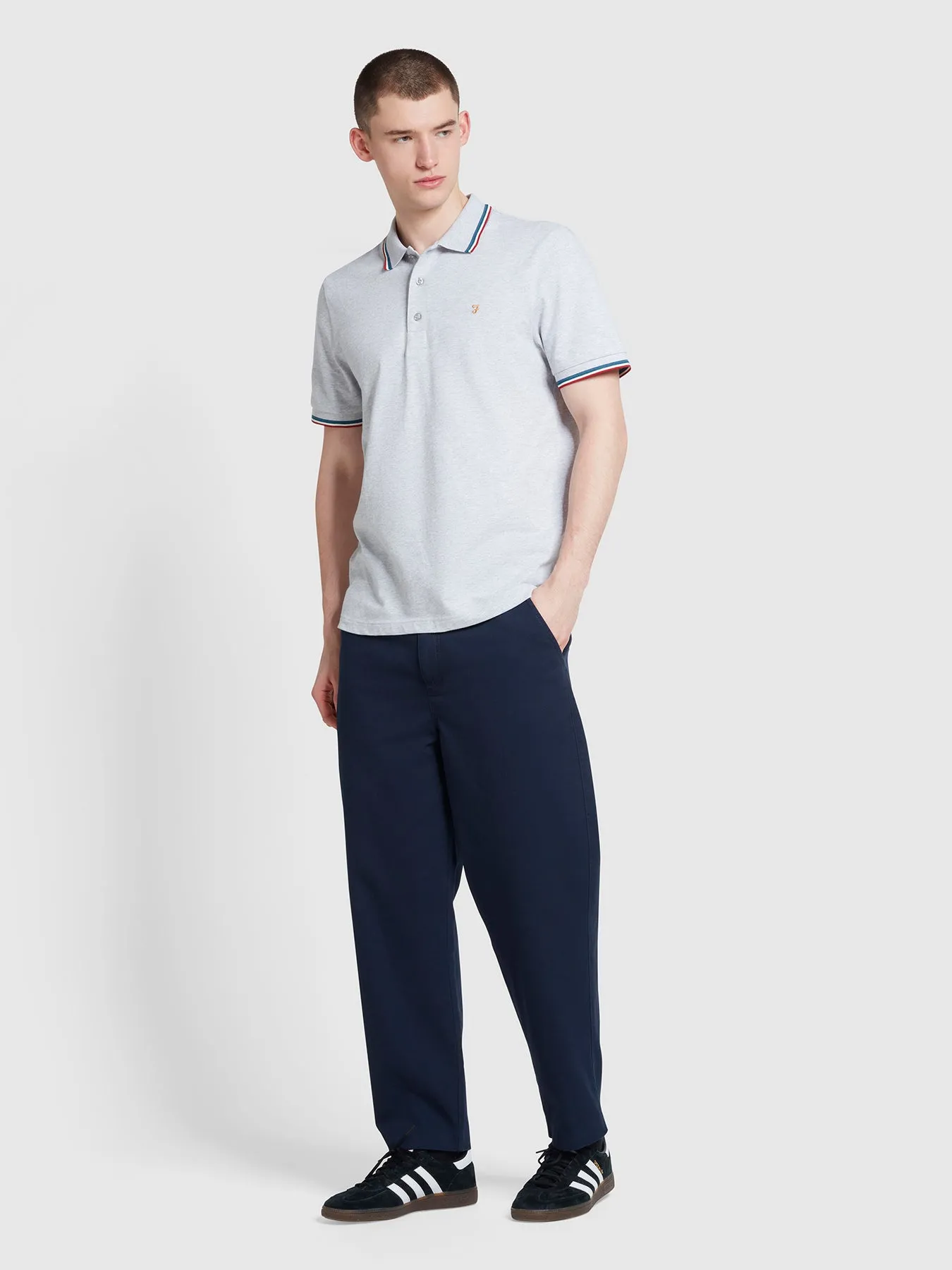 Alvin Cotton Tipped Collar Polo Shirt In Light Grey Marl